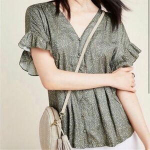 Anthropologie Dolan Mitzie Pleated Button Front Blouse Green Print Size Medium